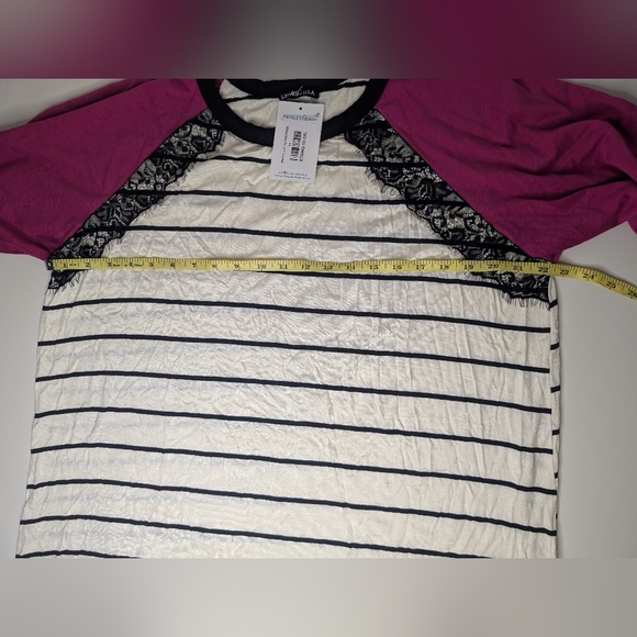 NWT Heimish USA 3XL Womens Long Sleeve Top Black Stripes/Lace with Pink Sleeves - Picture 6 of 8